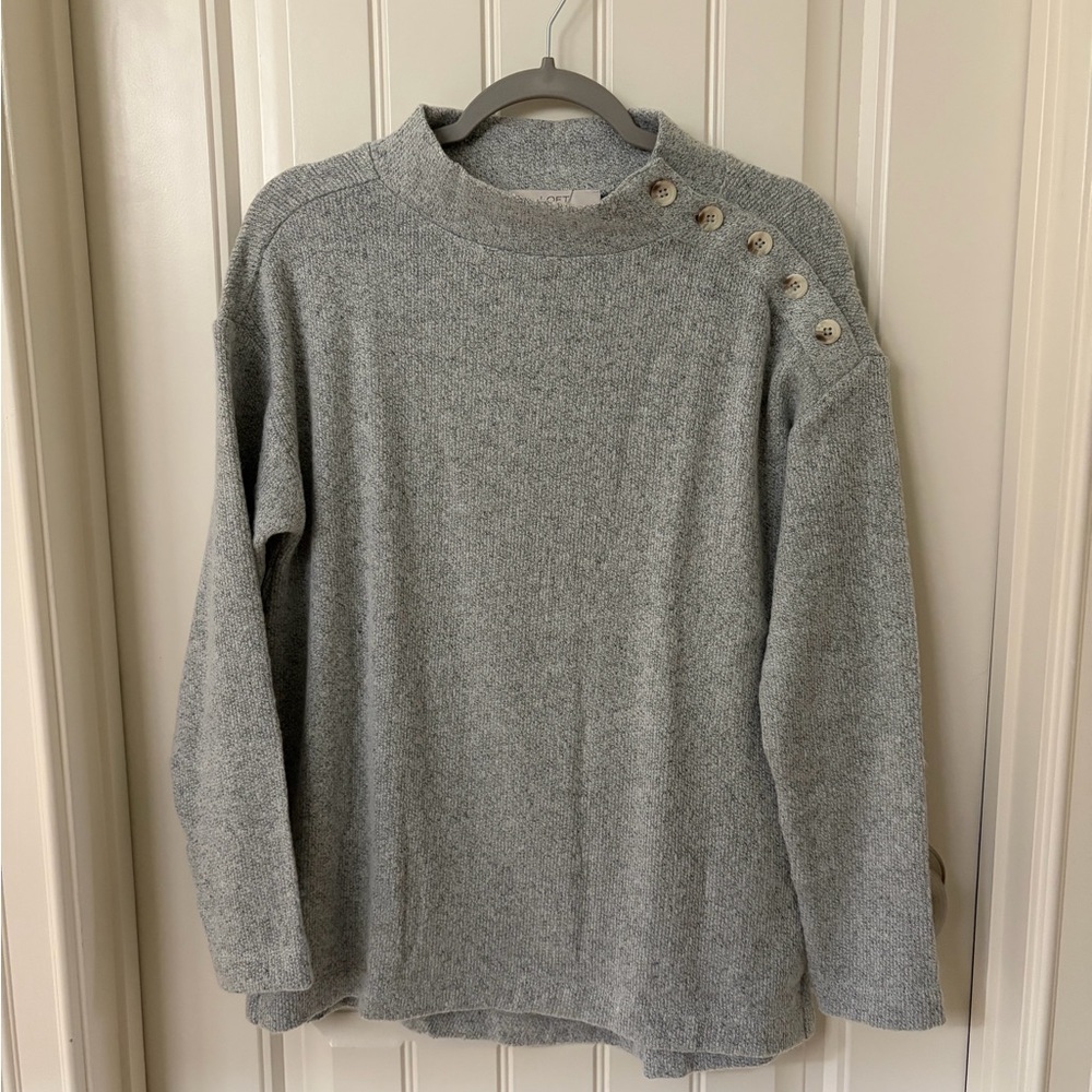 LOFT Light Gray Crewneck Sweater with Button Accents